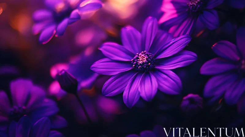 Violet Daisies Glowing in Neon Light.
