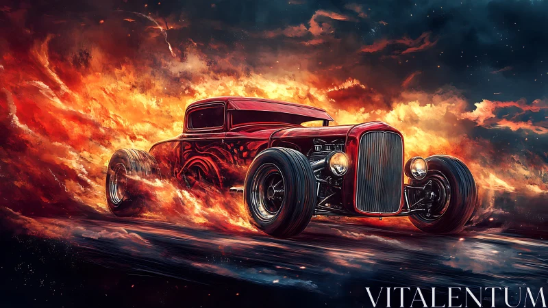 Fiery red hot rod racing through flames at night sky backdrop.