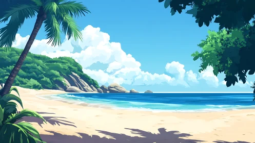Tropical Beach Landscape with Palm Fronds and Azure Waters.