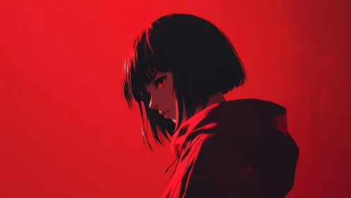 High-contrast red monochrome profile portrait using hard cel shading