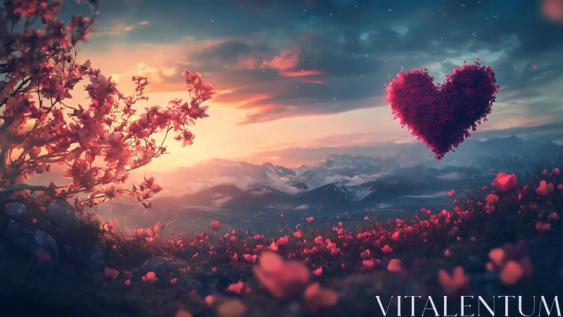 Alpine landscape with floral composition and heart motif.