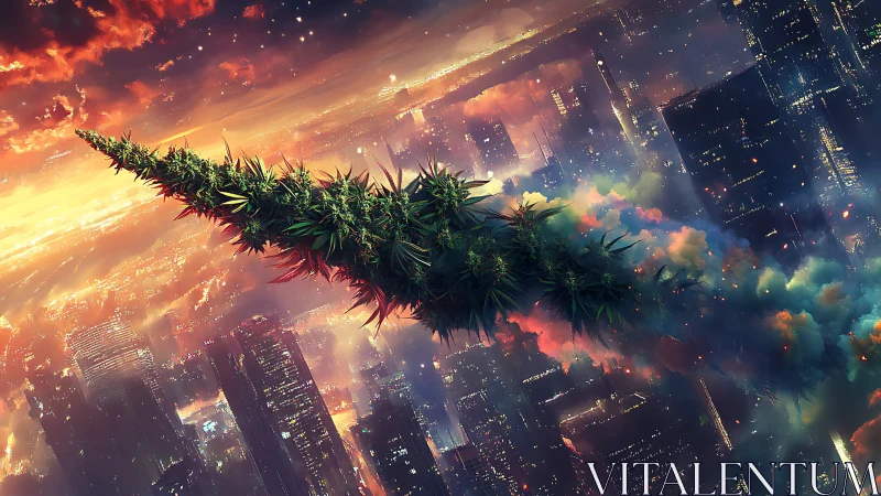 Elongated plant-like object traverses illuminated cityscape