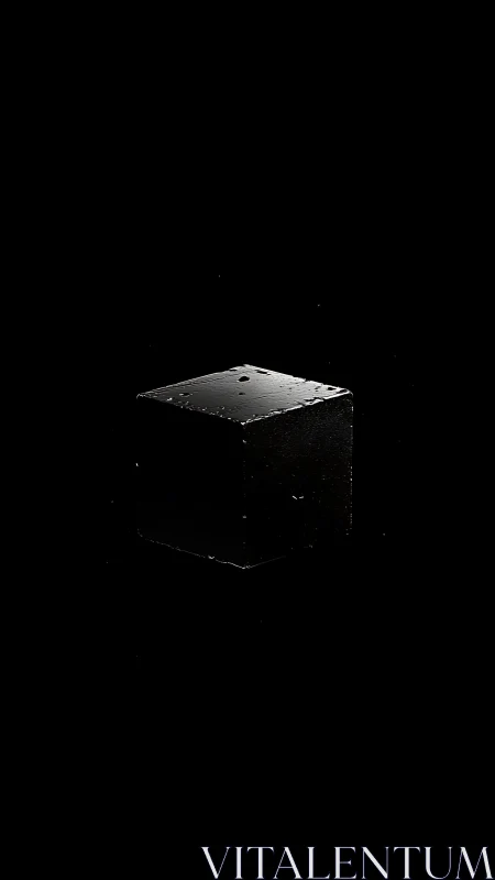 Glossy black cube floats centered in deep black space