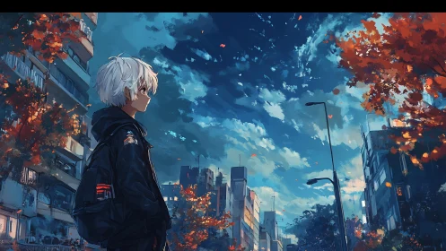 Anime urban skyline with autumn foliage and lone teen figure.