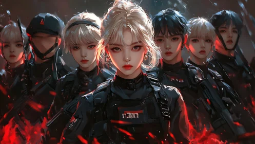 Parametric-lit tactical squad portraits with red-accent armor symmetry