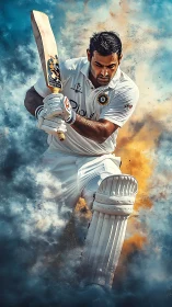 Cricketer in white kit driving bat through colored smoke.