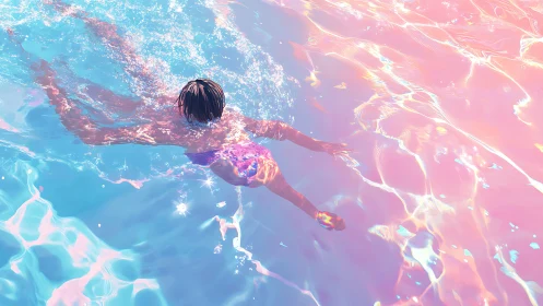 Swimmer gliding through iridescent pastel pool reflections.