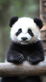 Wide eyed baby panda perched on a log of gentle wonder.