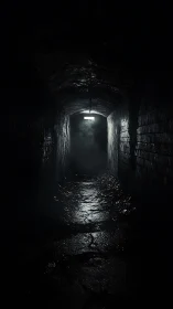 Moody subterranean corridor with backlit mist and wet stone.