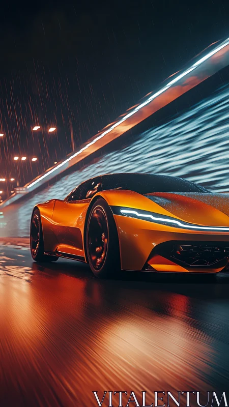 Orange concept supercar races through wet neon tunnel