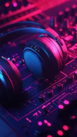 Cyberpunk audio rig with neon-lit headphones on mixer surface.