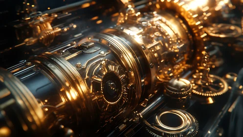 Golden cylindrical engine core renders intricate mechanical detail