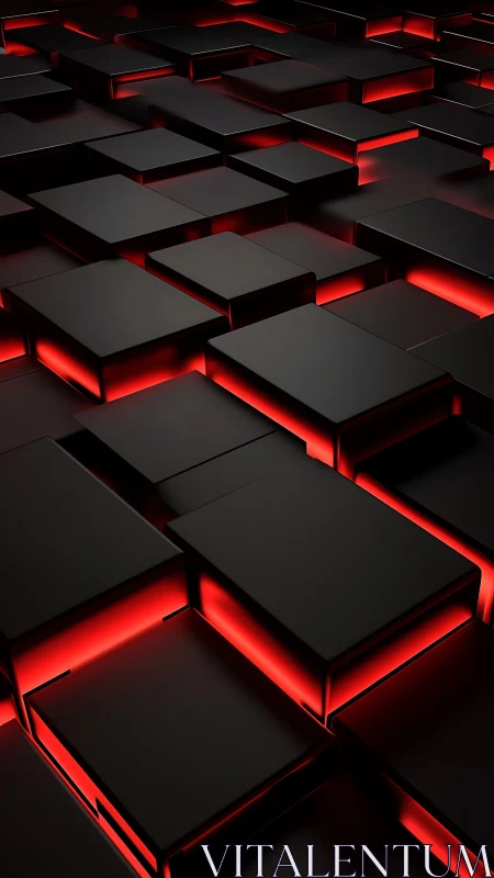 Black geometric blocks glow with intense red neon light