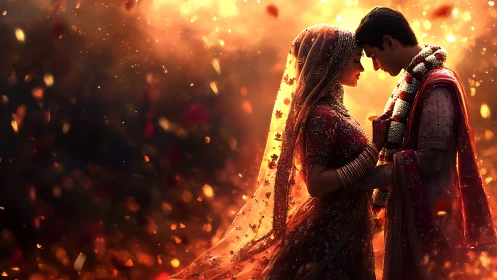 Indian Wedding Bride and Groom in Golden Light.