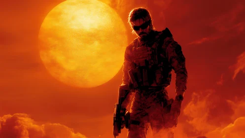 Armored soldier silhouette under oversized sun in saturated red haze