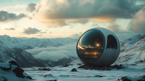 Futuristic observation pod reflects alpine city lights at dusk