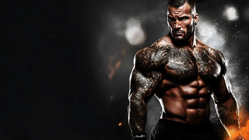Powerful tattooed bodybuilder stands strong in dramatic light