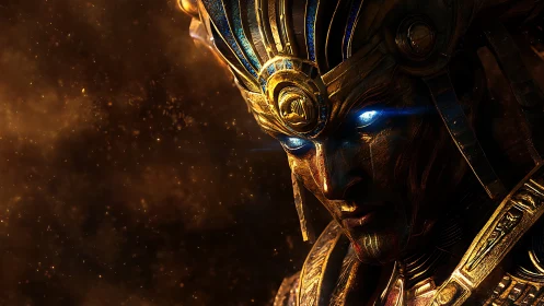 Armored gold-faced warrior with glowing blue eyes stares forward