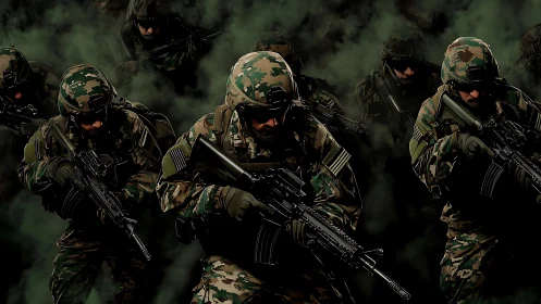 Armed soldiers advance through dark smoke in tactical formation