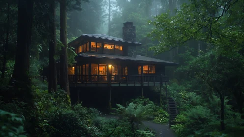 Glowing Refuge: Modern Home Nestled in Misty Forest.