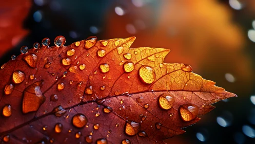 Macro study of autumn leaf hydrophobicity and light refraction.