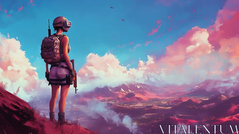 VR scout surveys neon dusk mountains in dreamy silence.