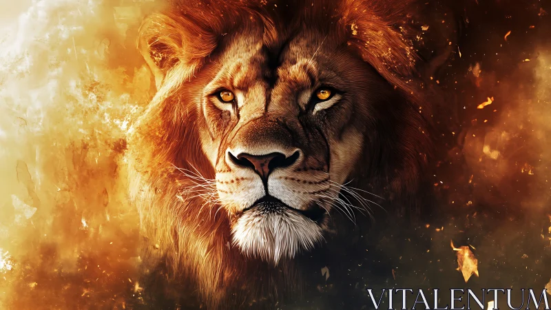 Lion portrait in fiery abstract light and dark tones.