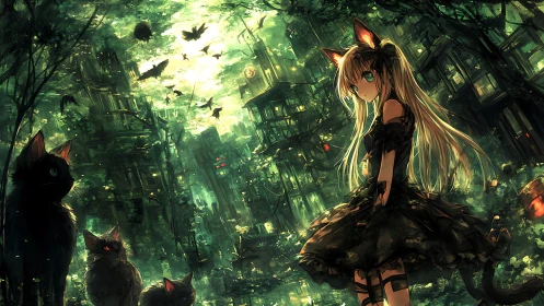 Midnight catgirl guardian wandering a neon-drowned forest city.
