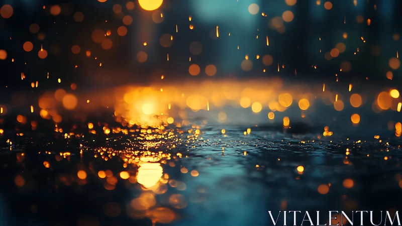 Golden rainlit street glowing with soft evening warmth.