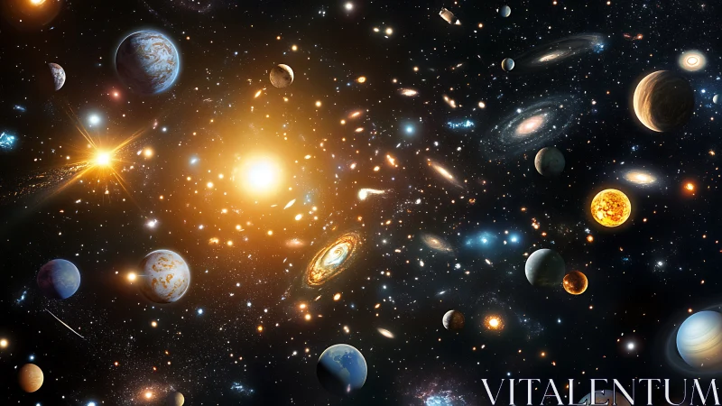 Glowing cosmic neighborhood filled with playful planets and stars.