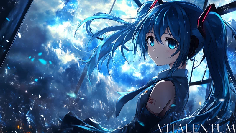 Cel-shaded blue-haired girl with backlighting against cosmic debris field