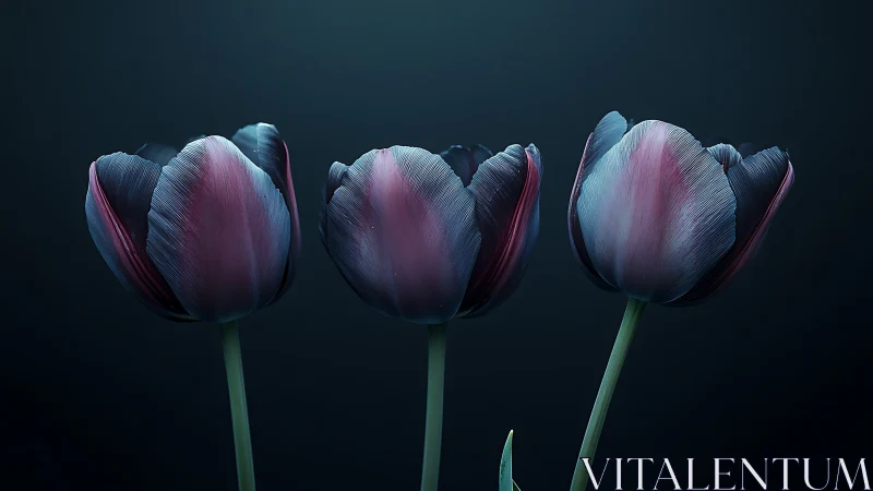 Three tulips with dark purple-blue petals against dark background.
