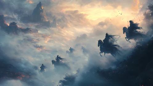 Ghostly riders storm a mist-drenched mountain battlefield at dawn