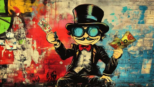 Cartoon character in tuxedo holding cash against graffiti wall