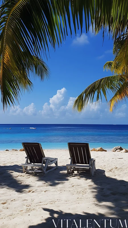 Tropical Paradise Beach With Lounge Chairs Under Palm Fronds