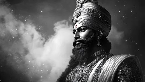 Regal bearded figure in jeweled turban against star field.