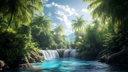 Sunlit jungle waterfall pouring into a tranquil blue lagoon.