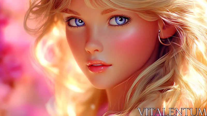 Blossom-lit blonde gaze in luminous candy-pink glow.