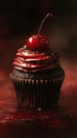 Luxe Black Cupcake with Red Cherry on Moody Dark Background