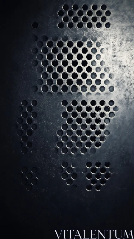 Perforated metal grid in moody directional lighting.