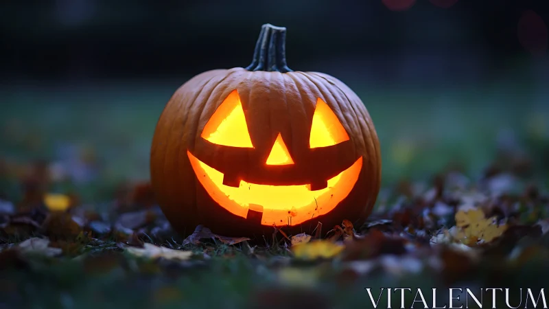 Jack-o’-lantern grin glows warm against dusk-soft lawn.