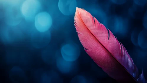 Single pink feather on blue defocused circular background.