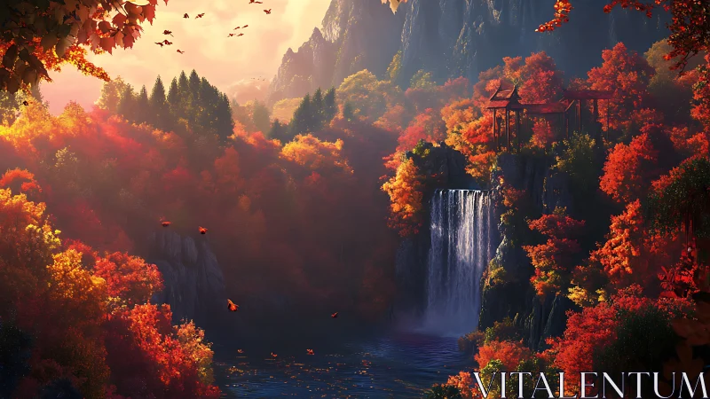 Mountainous landscape with autumn foliage and cascading waterfall.