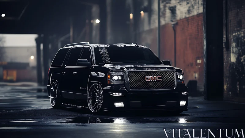 Midnight GMC SUV posed in cinematic urban alleyway scene.