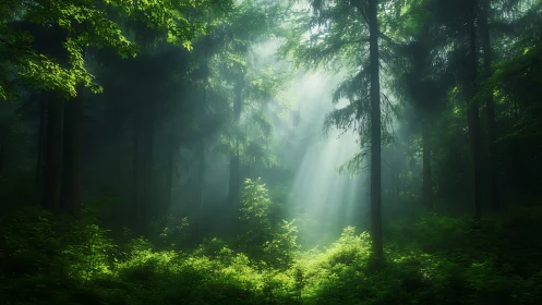 Radiant Forest Pathway: Atmospheric Landscape with Volumetric Light.