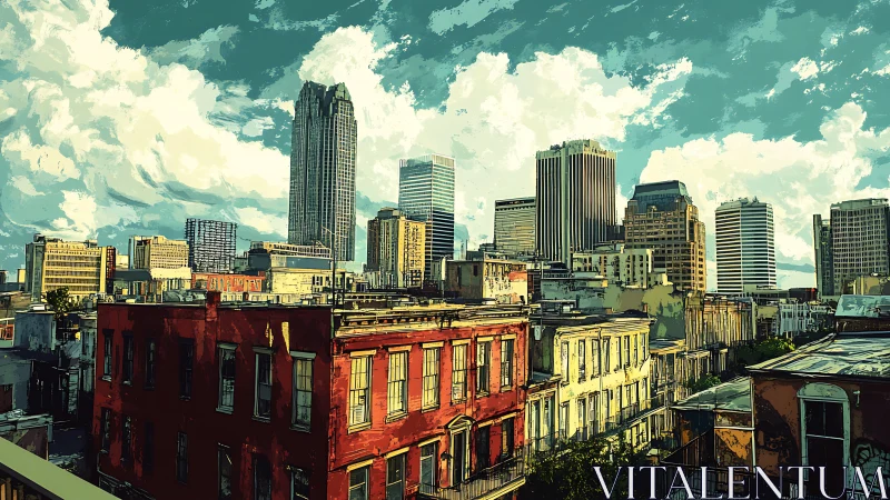 Urban skyline illustration with mixed historic and modern blocks.