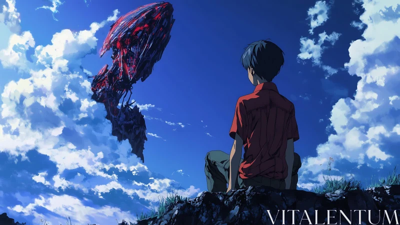 Solitary boy studies biomechanical sky leviathan in deep perspective