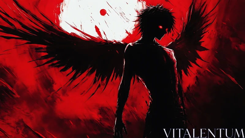 Silhouetted winged figure stands before large backlit moon