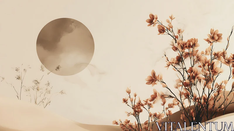 Minimalist floral art with sepia sun and delicate blossoms.