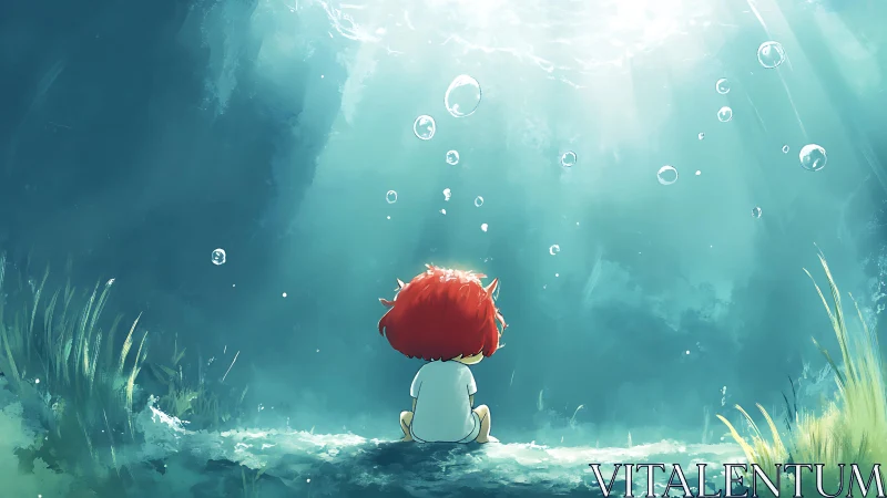 Solitary child observes drifting bubbles in aquatic light field